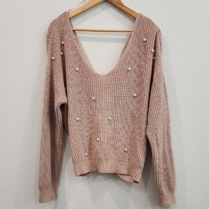 Jessica Simpson Tan V-Neck Sweater with Pearl Accents
